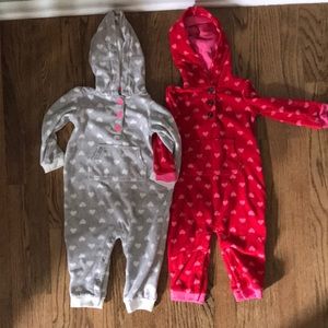 Pair of Carter’s fleece hooded sleepers/rompers